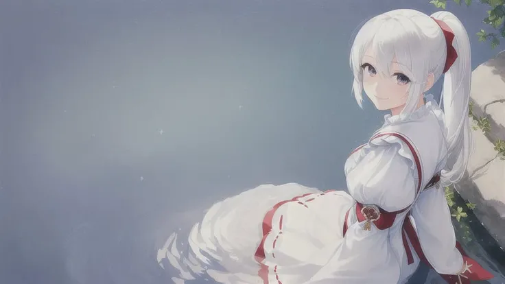 masterpiece, best quality, 1girl, (masterpiece), (super delicate), (illustration), ((detailed eyes)), strong light, pony tail, white hair, red eyes, ((water)), ((sitting)), ((facing viewer)), ((looking down)), ((sleeves past wrists)), ((smile)), night, stars, dark, blue,