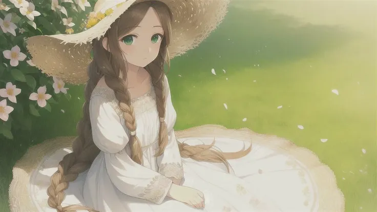masterpiece, best quality, 1girl, long hair, braids, (masterpiece), (super delicate), (illustration), brown hair, green eyes, white dress, upward gaze , sitting, straw hat, sparkles, ((detailed eyes)), strong light, garden, flowers, flower petals