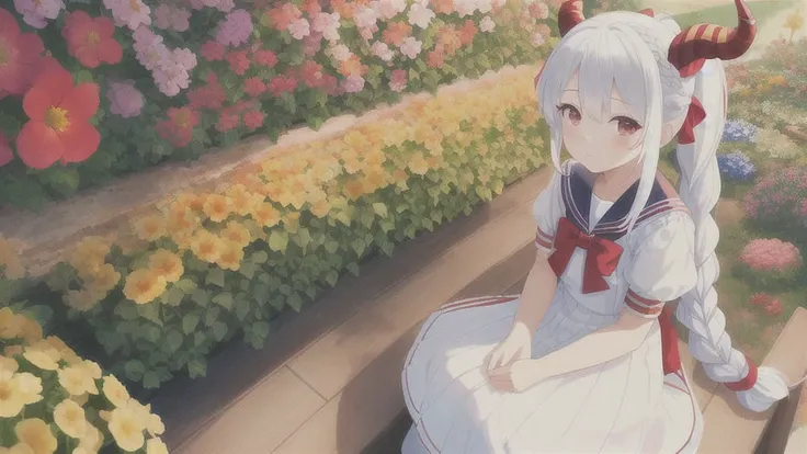 masterpiece, best quality, ((colorful)), 1girl, long hair, braided ponytail, (masterpiece), (super delicate), (illustration), white hair, red eyes, sailor dress, upward gaze , sitting, horns, garden,