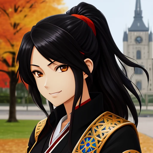 art by yaguru magiku, A teenage girl wearing a black knight armor, angry smile, in the style of Kyoto Animation in the 2010s, official art, ((((black hair)), eyes of Haruhi Suzumiya, face of Haruhi Suzumiya)), beautiful symmetric face, ponytail, at a medieval european castle on an autumn day, fantasy, alone, solo, 8k, posing of Haruhi Suzumiya