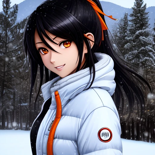 art by yaguru magiku, A girl wearing a white feather jacket, angry smile, in the style of Kyoto Animation in the 2010s, official art, ((((black hair)), eyes of Haruhi Suzumiya, face of Haruhi Suzumiya)), beautiful symmetric face, ponytail, at a snowing mountain on a winter day, alone, solo, 8k, posing of Haruhi Suzumiya