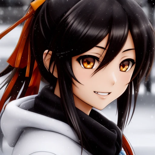 art by yaguru magiku, A teenage girl wearing a white feather jacket, angry smile, in the style of Kyoto Animation in the 2010s, official art, ((((black hair)), eyes of Haruhi Suzumiya, face of Haruhi Suzumiya)), beautiful symmetric face, ponytail, at a snowing mountain on a winter day, alone, solo, 8k, posing of Haruhi Suzumiya