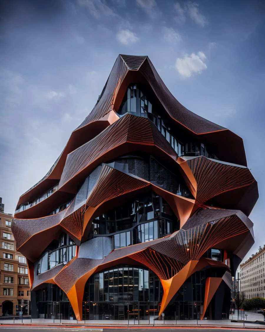a photo of a orange parametric building midjourneyi, geometric, in a street.