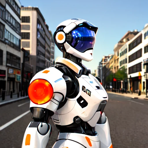 A realistic photograph of a 3d robot in a modern city. A glossy white and orange robot.