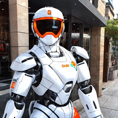 A realistic photograph of a 3d robot in a modern city. A glossy white and orange robot.