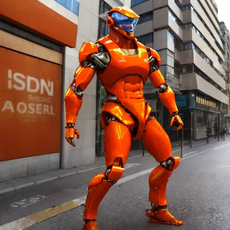 A realistic photograph of a 3d robot in a modern city. A glossy white and orange robot.