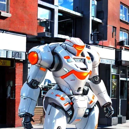 A realistic photograph of a 3d robot in a modern city. A glossy white and orange robot.