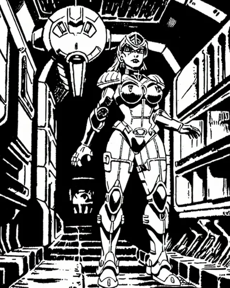 Masterpiece incredible woman in Open sexy power armor Metroid greyscale, No helmet, face visible long hair beautiful In a dark underground cave with the light tat the woman
