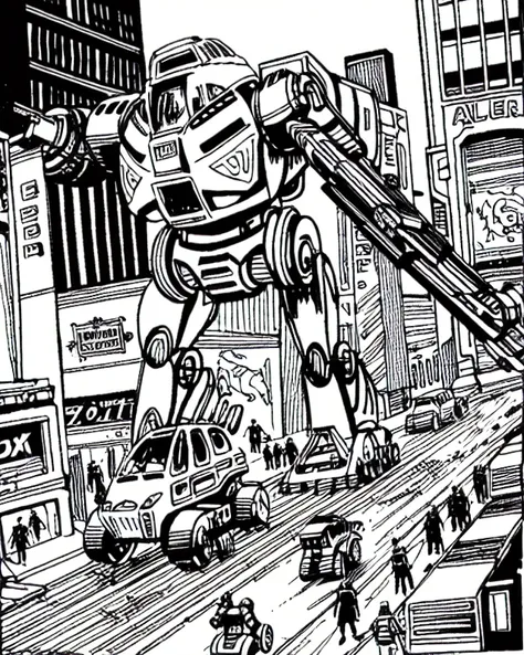 AllOldRPGArtS1 monochrome a robot mech battle in a city