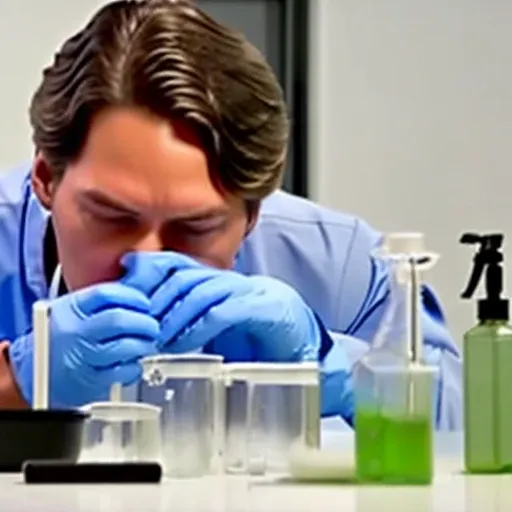 A high quality movie still closeup of ((Germy)) cooking meth in lab equipment on the table in front of him. Intense, intimate