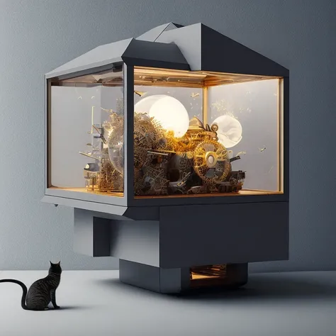 Geometric sculpture of a cat, dramatic lighting, (clockwork1.2), dramatic lighting, blue light, knollingcase