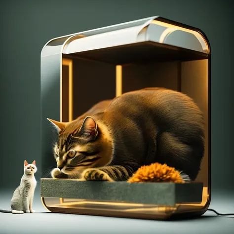 Geometric sculpture of a cat, dramatic lighting, (clockwork1.2), dramatic lighting, blue light, knollingcase
