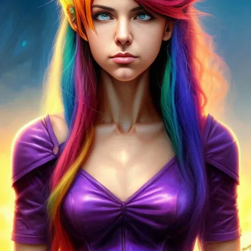 joe madureira comic book style, Thomas Kinkade Painting, Larry Elmore, WLOP, extremely attractive female , rainbow hair, looking at the camera, perfect face, perfect eyes,,snthwve style, kairowez
