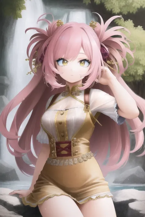 ((best quality)), ((highly detailed)), masterpiece, ((official art)), (detailed eyes, deep eyes), (1girl:1.33, solo), wet clothes, feathered_bangs, pink colored hair, yellow eyes, at a town, <lora:horikoshiKouheiMHA_horikoshiKouhei1518it:1>