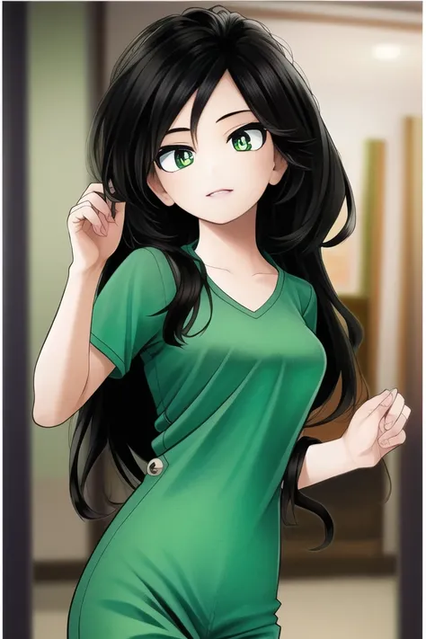 ((best quality)), ((highly detailed)), masterpiece, ((official art)), (detailed eyes, deep eyes), (1girl:1.33, solo) <lora:shego_v1:1>, shego, black hair, green eyes, <lora:horikoshiKouheiMHA_horikoshiKouhei1518it:1>