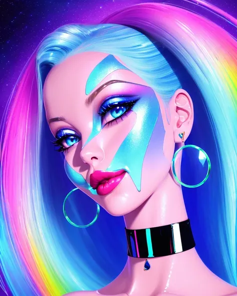1girl, solo, (slutty bratty bimbo:1.1), fashion, shiny transparent jacket, latex crop-top, beautiful detailed blue_eyes, smile, twintails, blonde_hair, abstract geometric background, iridescent, chromatic aberration, closeup, face focus,

[(colorful explosion psychedelic paint colors:1.2)::0.4],

magazine cover, cover art, illustration, studio shot, (anime:0.8),

realistic proportions,
(subsurface skin scattering:1.2), (shiny skin:1.2), (oily skin:1.2), 3d, waxy skin, skin pores, plastic, glossy,
choker, earrings, eyelashes, eyeshadow, lips, lipstick, jewelry, makeup, nose, parted lips,

studio_ghibli_anime_style style, copeseethemald style, thepit bimbo,