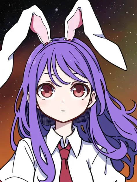 Gorgeous female photo, Masterpiece, best quality, best work, promotional art, beautiful face, professionally retouched, in space, (reisen udongein inaba), bright eyes, (red eyes), swirl pupils,  underbust, white button up t-shirt, rabbit girl, (rabbit ears), (purple hair), (detailed face), jewel eye, detailed eyes, textured skin,  messy hair,