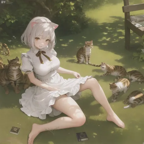 (best quality),(highly detailed),(masterpiece),(ultra-detailed),(absurdres),(((artbook))),((8k_wallpaper)),big ass,Bare thigh,huge_breasts,barefoot, 1girl, solo, animal ears, cat, barefoot,cat ears, short sleeves, grass, short hair, smile, white hair, puffy sleeves, white dress, maid, sunlight, brown eyes, dappled sunlight,petite, outdoors, puffy short sleeves, bangs, full body, tearfully, crying, cats