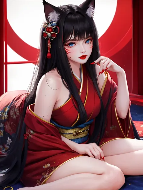 1girl, animal ears, solo,blue eyes, whisker markings, facial mark, black hair, mole, long hair, red lips, hair ornament, looking at viewer, red nails, fingernails, japanese clothes, bangs, bare shoulders, fox ears, lips