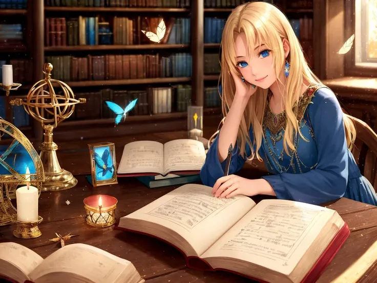 1girl, book, quill, blonde hair, long hair, solo, blue eyes, table, indoors, head rest, blurry, candle, bookshelf, bird, bug, open book, inkwell, butterfly, sitting, long sleeves, light particles, dress, magic circle, feathers, smile, depth of field, wooden table, blurry background, closed mouth, jewelry