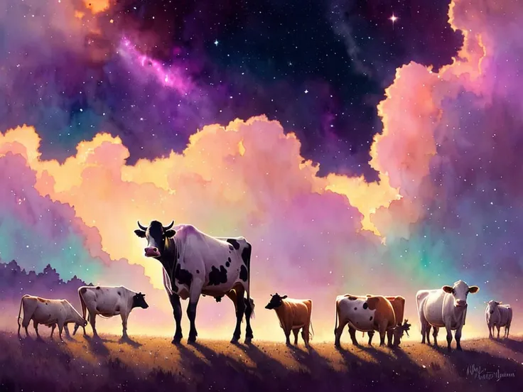 cows and they are surrounded by nebula, highly detailed, gold filigree, romantic storybook fantasy, soft cinematic lighting, award, disney concept art watercolor illustration by mandy jurgens and alphonse mucha and alena aenami, pastel color palette, featured on artstation