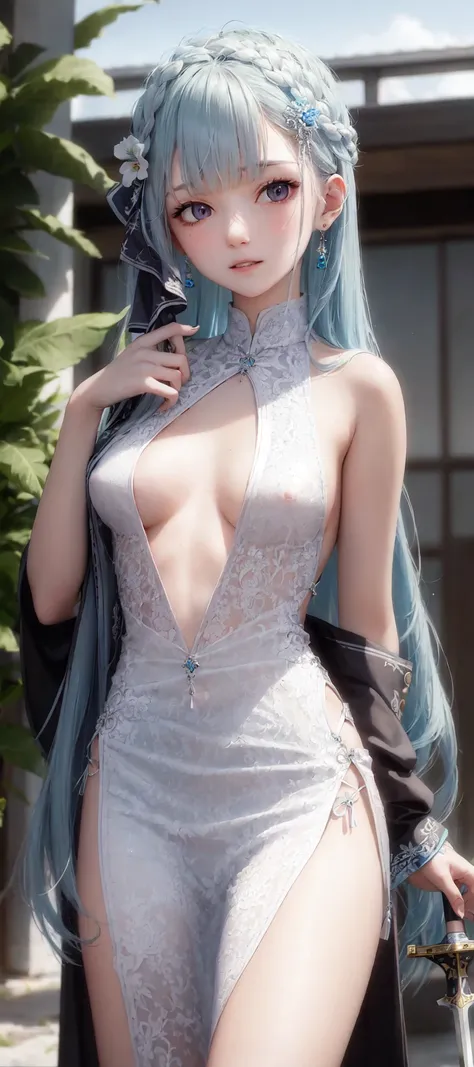 8K, Top Quality, Intricate Details, Ultra Detail, Ultra High Resolution, Masterpiece, close up shot, (full body: 1.1), Slender, Smile, (Makeup: 0.4), ((,)), (Fluffy blue Eyes: 1.21), (()), 1girl, solo, 1 girl, ((blue hair, bangs, long hair )), close up shot, , ((tall)), (((fit body))), (((slim face))), sharp face, (( )) , (detailed face), sharp face, small lips, ((,)), , ((torn bodysuit showings crotch and nipple,)), detailed face, detailed breast, , ((detailed nipples)), detail ass, Narrow Waist, Skinny, tall , 175 cm tall, Muscular, Navel, Exposed Abdomen, Pointed Chest,, Beautiful girl with accentuated slender abs: 1.4, Six Pack Abs: 1.4, Bust Botox, Big, Perfect Body, detail leg, (( dark background)), black background,