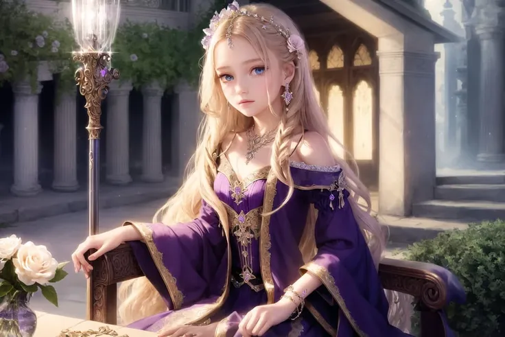 7 years old cute girl, sitting on a chair, outdoor lighting, long_hair, bright_hair_color, seductive_eyes, mysterious_expression, mature_appearance, glamorous_outfit, flowing_dress, elegant_jewelry, intricate_embellishments, magic_symbols, glowing_accessories, magical_sword, glowing_sword, magical_items, potions, scrolls, cute_accents, bows, ribbons, flowers, fantasy_environment, grand_castle, chandeliers, luxurious_furnishings, magical_gardens, enchanted_creatures, moonlit_nights, hidden_passages, ancient_artifacts, spellbinding_portals --disable-nan-check