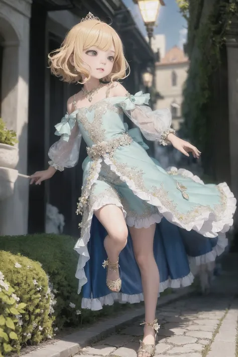 cute princess running on the street, cityscape, full body, outdoor lighting, Gorgeous Medium haircuts and Shoulder-Length hairstyles, yellow_hair_color, mysterious_expression, mature_appearance, glamorous_outfit, flowing_dress, elegant_jewelry, intricate_embellishments, magic_symbols, glowing_accessories, cute_accents, bows, ribbons, flowers, fantasy_environment, grand_castle, chandeliers, luxurious_furnishings, magical_gardens, enchanted_creatures, moonlit_nights, hidden_passages, ancient_artifacts, spellbinding_portals --disable-nan-check