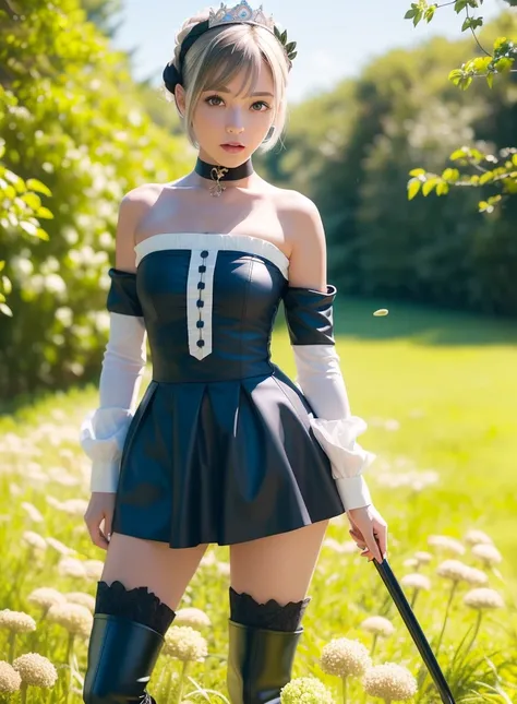 (photorealistic:1.4),best quality, ultra high res, higly detailed,
4k, instagram,
blurry background,
bug, butterfly, grass, hydrangea, leaf, mushroom, nature, plant,fantasy world,
<lora:gwendolynOdinSphere_09:0.7>Gwendolyn, hip feathers, strapless dress, crown, detached sleeves, choker, armored thigh boots, feather hair buns, holding polearm,
virtualgirl-Rin,small breasts,bob hair,(2 tone hair:1.3), blue eyes, black choker, (white hair), black hair,
<lora:virtualgirlRin_v20:0.2>