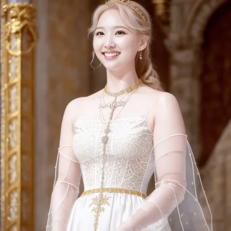 Nayeonnine wearing a long dress in the castle, gold ornaments, beautiful background, high detail face, smiling, beautiful face, high detail, realism, super realism, high quality, realistic portrait, highly detailed, digital painting, artstation, concept art, smooth, sharp focus, illustration, cinematic lighting