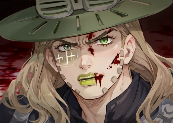 yellow eye, corpse eye, gyro_zeppeli, golden eyes, green lips ((perfect face)), distinct features, cored in blood, dramatic lighting, angry, hurt injured, anime scene
<lora:gyrosbr:0.8>