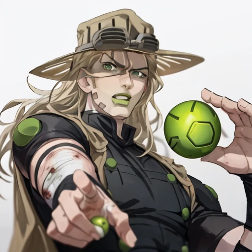 perfect nose, amazing digital art, anime screencap, halfbody, one arm holding a green metallic ball, 5 fingers, gyro_zeppeli, 1boy, male, mature male, hat, green eyes, green lips ((perfect face)), distinct features, dramatic lighting, serious face, anime scene, canyon background, night sky, dark, widescreen, animation, jojo's bizzare adventure
<lora:gyrosbr:0.8>