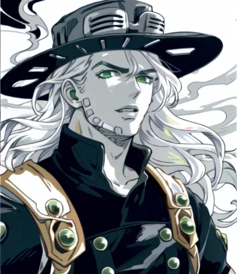 gyro_zeppeli,1boy, solo, hat , shiny white hair, dark clothing with green trim, smoke, detailed green eyes, dark atmosphere, tone mapped, high contrast, dynamic artwork,
<lora:gyrosbr:0.89>
