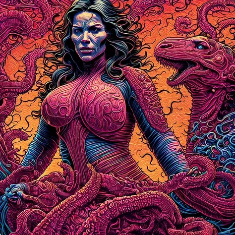 (dan mumford:1.3) cinematic perfect style, upper body of EmWat69 in pink leggins and a tight pink top,fat cameltoe, massive breasts, nsfw, (correct anatomy:1.2), (nsfw:1.2), perfect vivid gradient lovecraft colors, a finished masterpiece of art, Official background in the cinematic style of Dan Mumford, extreme detailed,