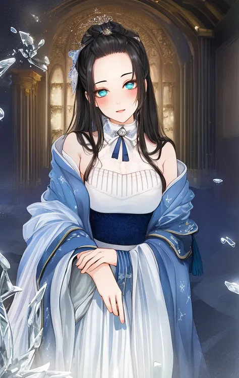 (((masterpiece))),bestquality,illustration,(beautifuldetailedgirl),beautifuldetailedglow,detailedice,beautifuldetailedwater,(beautifuldetailedeyes),expressionless,(floatingpalaces),azurehair,disheveledhair,longbangs,hairsbetweeneyes,(skybluedress),blackribbon,whitebowties,midriff,{{{halfclosedeyes}}},bigforhead,blankstare,flower,largetopsleeves