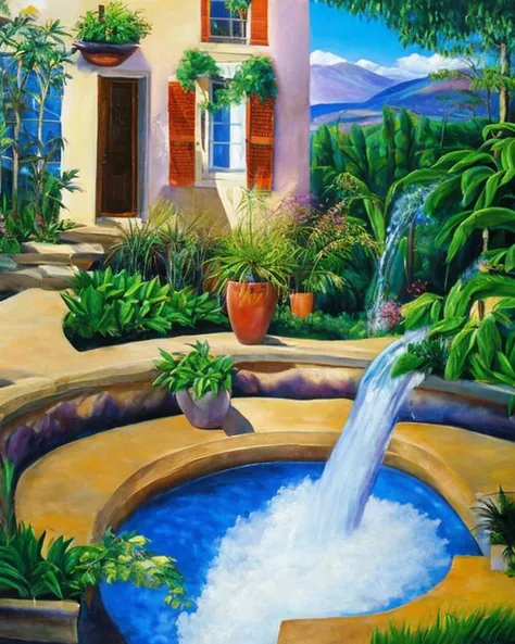 masterpiece, best quality,
oil paint by jean leon, a beautiful brunet woman in a purple loose tank top standing peacefully in a big open home with big windows, hard morning lighting, house with beautiful plants and scenery, and a tiger and waterfall.