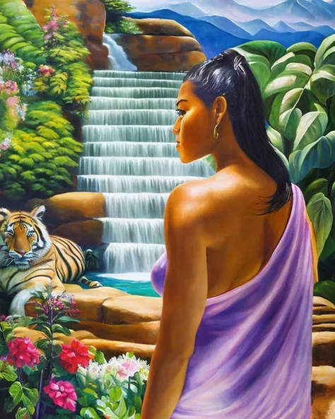 masterpiece, best quality,
oil paint by jean leon, a beautiful brunet woman in a purple loose tank top standing peacefully in a big open home with big windows, hard morning lighting, house with beautiful plants and scenery, and a tiger and waterfall.