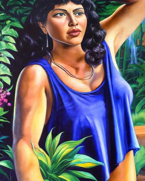 masterpiece, best quality,
oil paint by jean leon, a beautiful brunet woman in a purple loose tank top standing peacefully in a big open home with big windows, hard morning lighting, house with beautiful plants and scenery, and a tiger and waterfall.