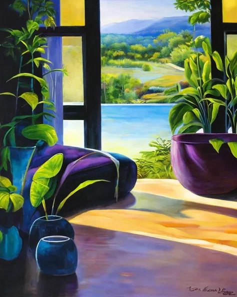 masterpiece, best quality,
oil paint by jean leon, a beautiful brunet woman in a purple loose tank top standing peacefully in a big open home with big windows, hard morning lighting, house with beautiful plants and scenery, and a tiger and waterfall.