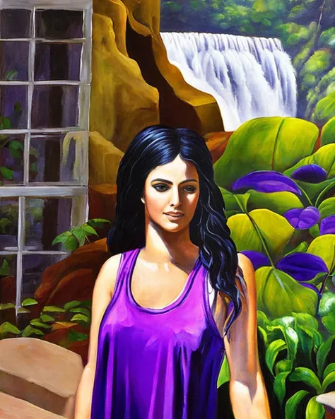 masterpiece, best quality,
oil paint by jean leon, a beautiful brunet woman in a purple loose tank top standing peacefully in a big open home with big windows, hard morning lighting, house with beautiful plants and scenery, and a tiger and waterfall.