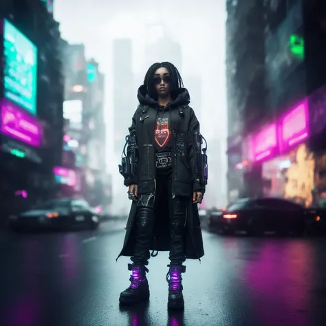 realistic black woman in a black coat cyberpunk  in a modern city, beaufiful face
