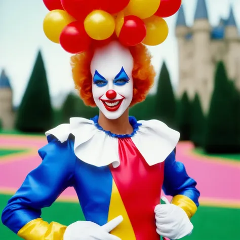 An extreme closeup of a supermodel TVClown dressed in a royal looking clown costume standing in front of a castle, (analog style), 1980s movie still