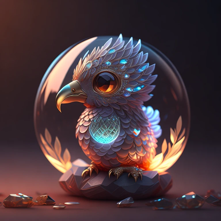 A cute adorable phoenix made of crystal ball with low poly eye's highly detailed intricated concept art trending artstation 8k