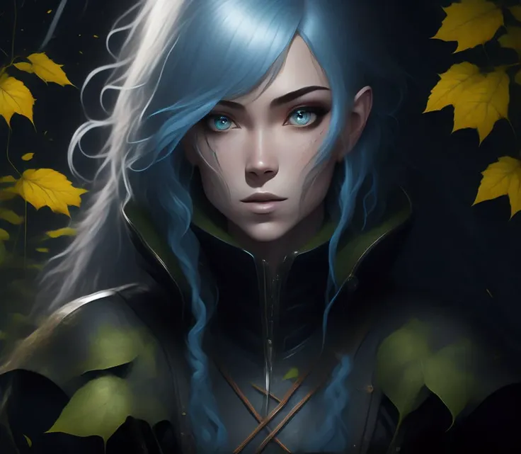 portrait of a elven lady standing in a forest, astounding figure, \(cletic\) \(styled\) jacket \(with hood down\), semi-photorealistic,[\(short\)|\(medium\)] flowing braided hair, and ([messy hair|stray hairs]:1.5),  (curly hair:1.5), \(medium\) figure, ((full length full body)), angle shot, tight \(leather\) pants with belt straps, \(large\) long bow \(in hand\), tone legs, muscular, \(arms\),  anime,  \(long curling\) elven \(shaped\) ears, dynamitic pose, glowing yellow iris, \(in background\) large wolf,  [cinematic|vibrant]  lighting, \(bold\) ((rim lighting)), limited color pallet, digital painting \(style\), ((\(white\) hair and \(black\) hair and \(light blue\) hair)), [two-tone hair|hair streaks|hair highlights], particle dust, volumetric fog, wide angle, autumn leaf \(in hair\) and flower in hair and snow in hair,   <lora:novelaiLoraForWD15_v10:1>