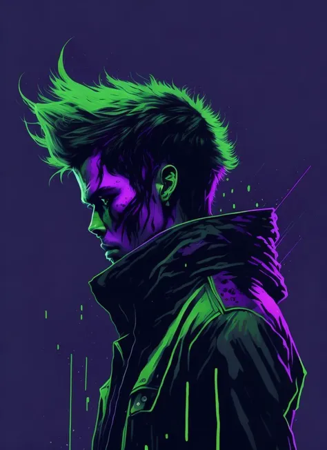 a man by agnes cecile, luminous design, neon green and purple colours, ink drips, synthwave lights