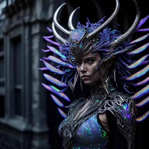 award winning studio closeup photo of a triangle single beautiful girl wearing intricate (bioluminescent:2.4) ornate (rainbow opal:1.7) feather victorian attire, metal armour opera mask standing outside of a city stree, feathers, illuminati logo, (long dragon horns:1.3), tusks, neon light, low key, high contrast, zbrush

<hypernet:slimModelsV1_slimmodelsV1:1.0>
