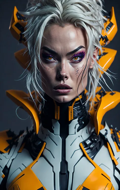 MArgot robbie in a futuristic outfit with large headpiece on her head and a large body with orange hair and orange eyes, Artgerm, trending on artstation hq, cyberpunk art, retrofuturism, Acidpunk Japanese geisha, full facial portrait, 4k, armor, intricate details, highly detailed, photographic sf