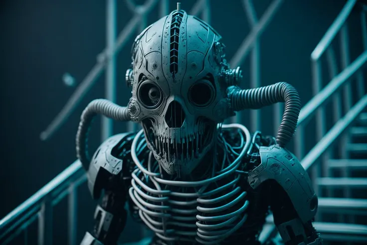 constract robot carrying a body, skeleton, face mask, breathing tube, HR Giger alien style, hi tech simplfy, in a scifi building, synthwave, VintageHelper-600, lens effects, glare, bloom, fish eye lens