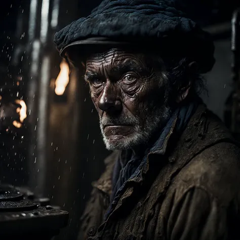 macro crisp quality, wet plate photograph close up of factory worker in Victorian era boiler room, rough skin, sad eyes, sparkles, age 64, coal dust in the air, unreal engine, UE5, cinematic, very detailed, sony A7iii, 85mm prime, f/1.8, octane render + hyper realistic, Photograph