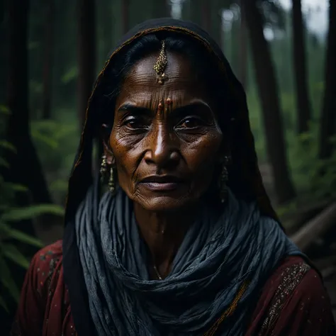portrait of an indian village woman in forest in Himachal pradesh, clear facial features, Cinematic, 35mm lens, f/1.8, accent lighting, global illumination